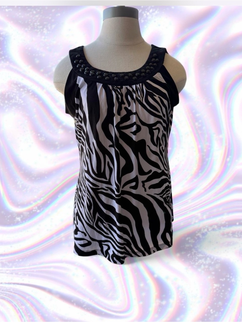American Vintage Black and White Zebra Print Tank with Embellished Neckline
